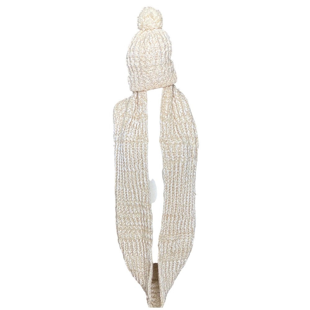 Cream Chunky Knit Beanie and Scarf Set Fleece Lined Pom Pom Winter Accessories